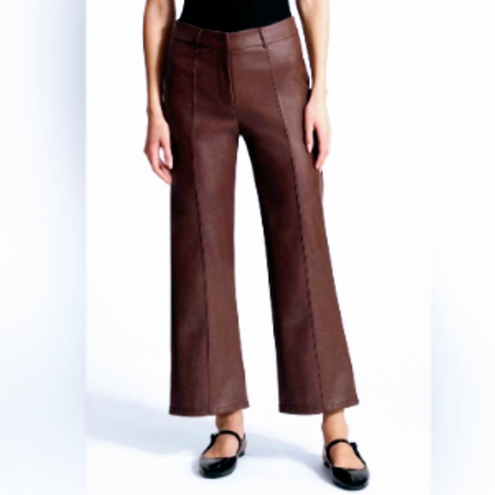 Avec Les Filles Faux Vegan Leather Pants Brown Zip Fly Anthropology Wide Leg